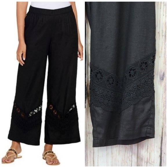 Susan Graver Pants - Susan Graver Black Linen Crop Pants With Crochet